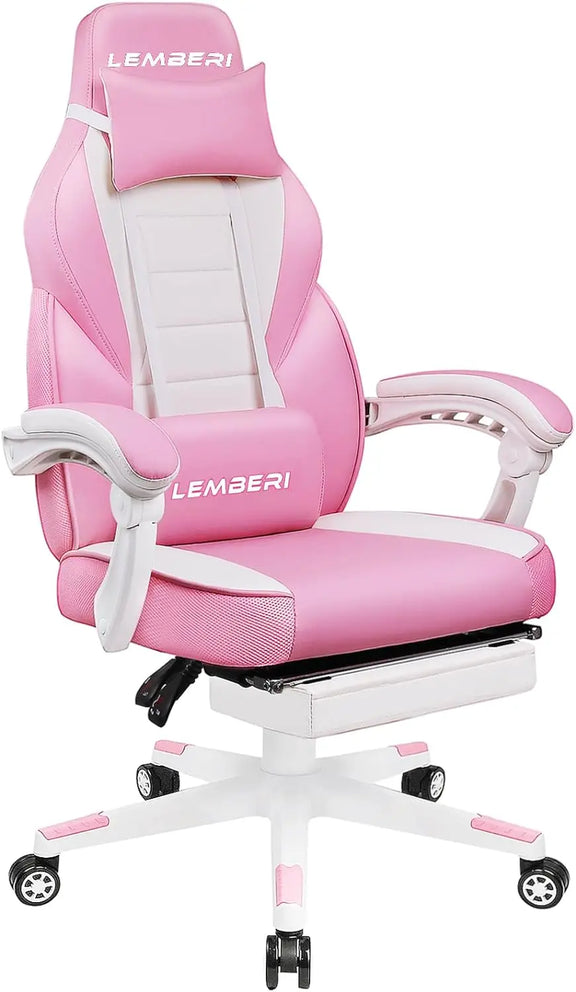 Lemberi ergonomic gaming chair with footrest, 400lb capacity, and adjustable backrest, perfect for adults and tall users.