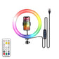 RGB LED ring light with tripod stand and remote control, ideal for YouTube, video lighting, and smartphone photography