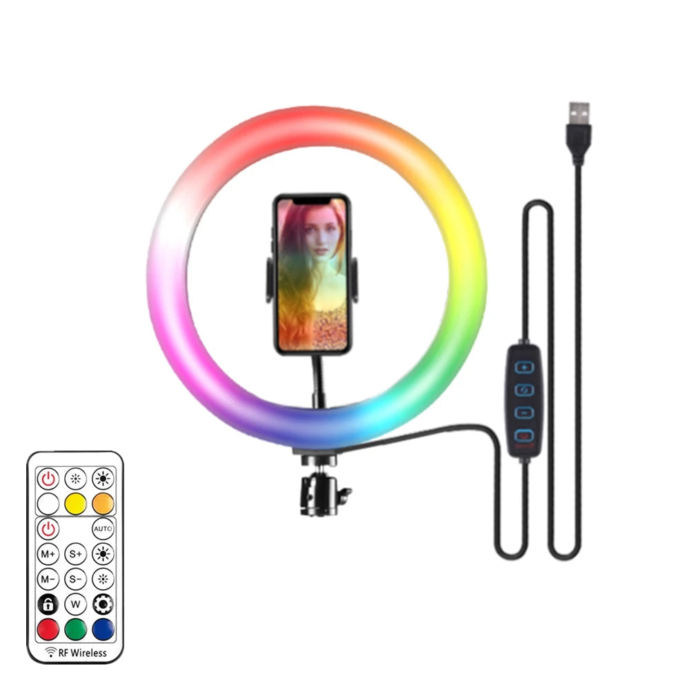 RGB LED ring light with tripod stand and remote control, ideal for YouTube, video lighting, and smartphone photography