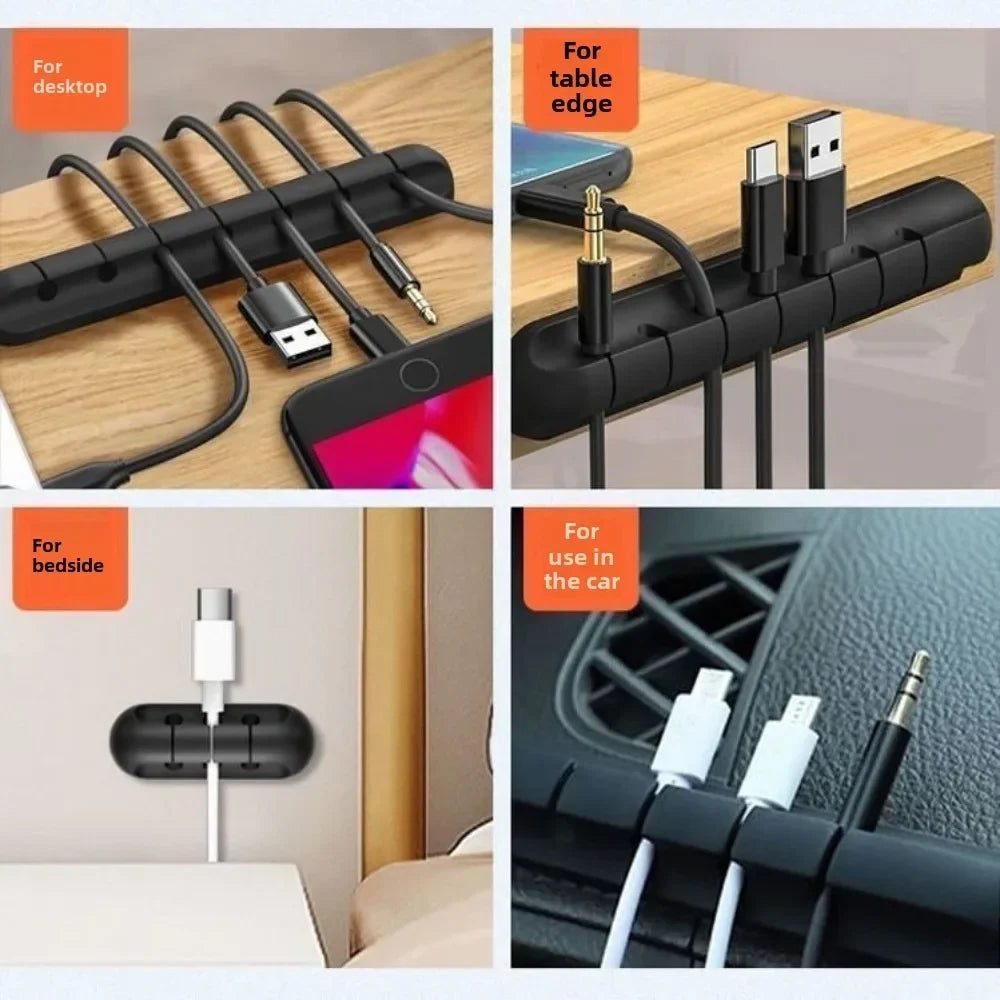 Cable organizer clip with multiple hole options for managing cables on desks, bedside tables, and cars.