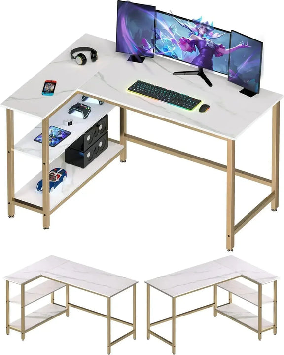 43-inch L-shaped wooden computer desk with integrated storage shelf for home office or gaming setups