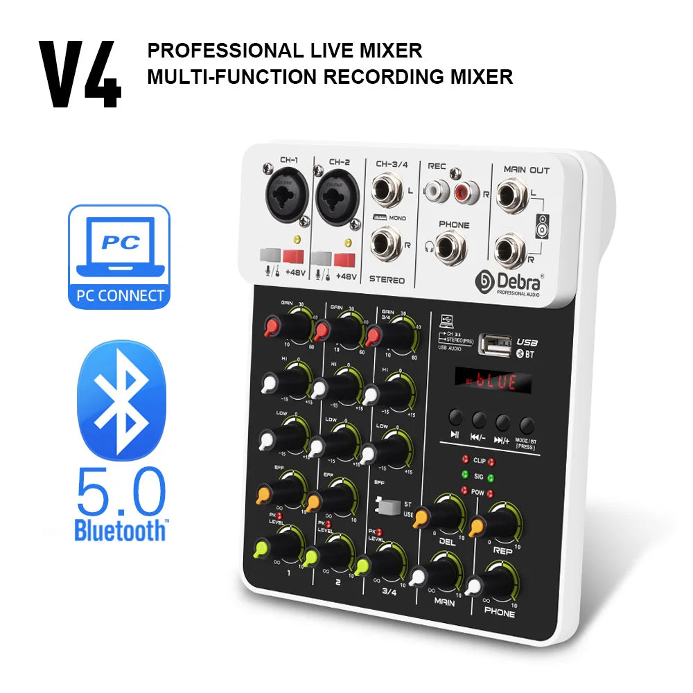 IKGE V4 4-channel audio mixer with Bluetooth, USB recording, and 48V phantom power for music production and live streaming.