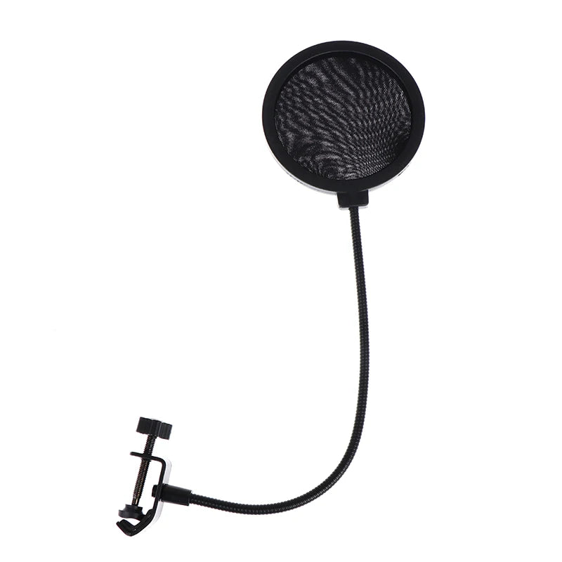 Double-layer black microphone pop filter for studio recording and noise reduction.