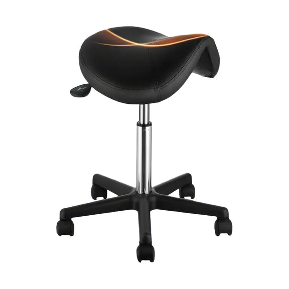 Ergonomic saddle stool with adjustable height and 360° swivel, designed for comfort in salons, offices, and dental clinics.